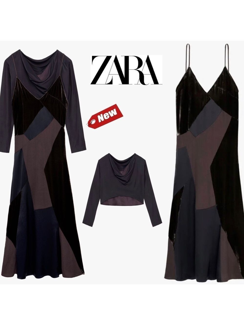 ZARA LIMITED EDITION DRESS Sz S GRAY VELVET SATIN PATCHWORK SPAGHETTI STRAP NWT